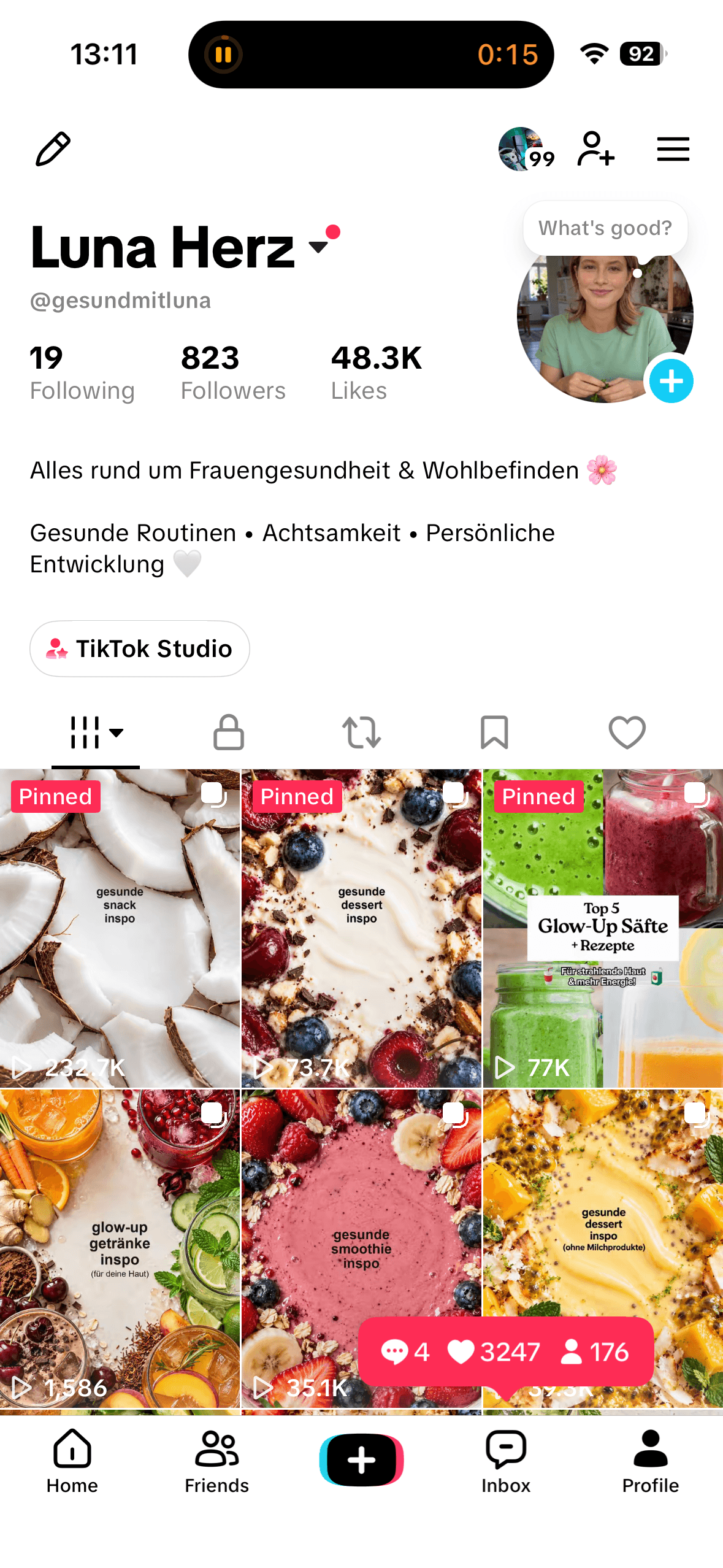 Luna Herz TikTok profile showing 823 followers and 48.3K likes